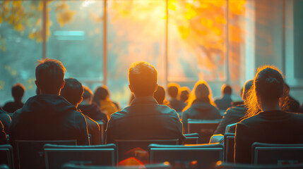 Poster - People sitting in a conference hall, capturing a learning or seminar concept, warm light ambient, autumn backdrop. Generative AI