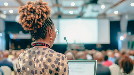 Poster - Rear view of a woman with unique hairstyle at a conference, facing a presentation screen, showcasing a professional setting. Generative AI