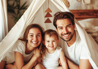 Wall Mural - A smiling family of three under a makeshift tent, depicting a cozy home environment on a light indoor background, symbolizing family bonding. Generative AI