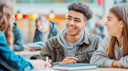 Poster - Smiling young man with friends at a bright indoor setting, representing the concept of friendship and education. Generative AI
