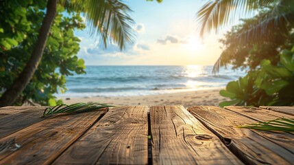 Wall Mural - display table on summer beach background at sunrise