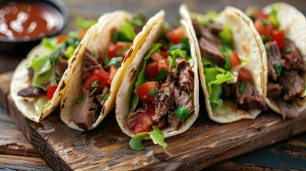Tasty tacos filled with beef, lettuce, cheese, and salsa on a rustic wooden table
