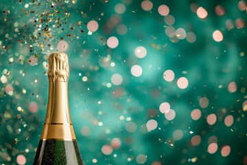 Wall Mural - Champagne bottle with golden sparkles and confetti on a vibrant teal background