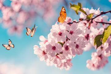 Poster - A delicate pink cherry blossom tree with butterflies fluttering around it. This springtime image is perfect for invitations, nature photography, and backgrounds featuring soft florals.