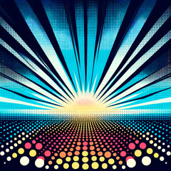 Aufkleber - A retro comic style burst with halftone dots, blue and black, sunburst effect, concept of energy and dynamism. Generative AI