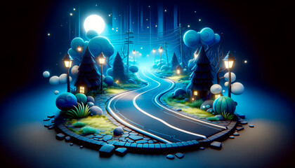 Poster - Enchanted village at night with whimsical houses and a winding road, illustrated in a stylized graphic, against a moonlit backdrop, concept of a magical place. Generative AI