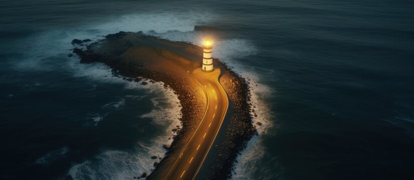 aerial view, illuminated road with light path leading to lighthouse