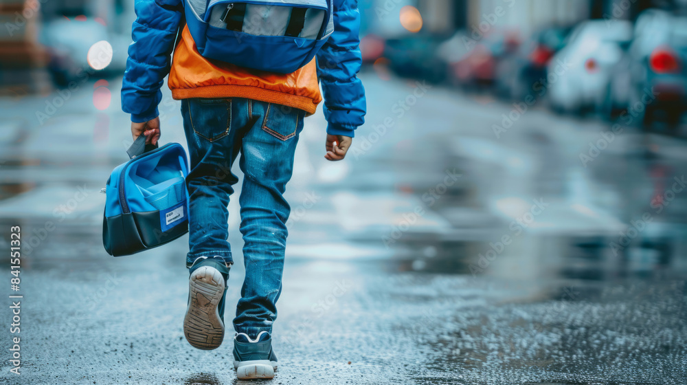 Young boy walking to school in the rain with backpack and lunch bag ...