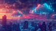 © MAY - A vibrant illustration of a city skyline with clouds morphing into various digital devices, representing the integration of cloud computing into urban life.