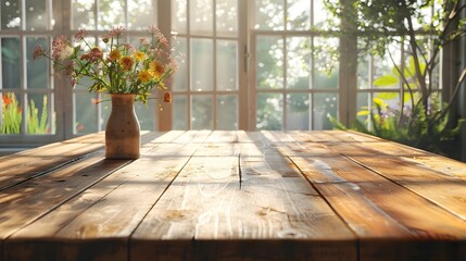 Canvas Print - Rustic Farmhouse Table in Sunlit Dining Area for Casual Product Displays