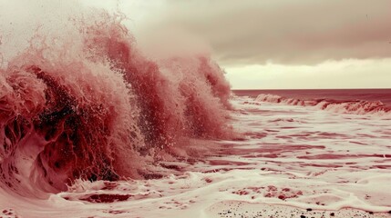 Wall Mural - the crimson waves crash against the shore leaving a trail of destruction in its wake.
