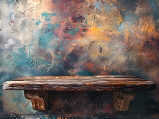 Wall Mural - Vintage Wooden Table with Distressed Finish in Colorful Eclectic Backdrop for Product Display Concept