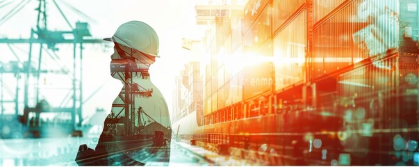 Wall Mural - A man in a hard hat stands in front of a large building. The image is a silhouette of the man and the building, with the man's face and the building's outline in black