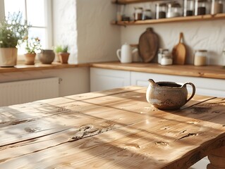 Poster - rustic wooden table in bright open kitchen with copy space for product display