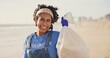 © peopleimages.com - Beach, face and excited woman with plastic bag for earth day, sustainability or ocean cleaning project. Recycle, sustainability or portrait of lady volunteer at sea for NGO, accountability or charity
