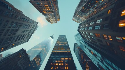 Poster - Powerful and Imposing Urban Skyline with Towering Skyscrapers and Glass Buildings