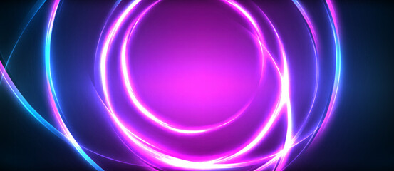 Wall Mural - Neon glowing circle rays, light round lines in the dark, planet style neon wave lines. Energetic electric concept design for wallpaper, banner, background