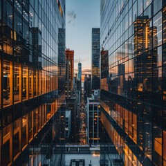 Wall Mural - Tall Sleek Office Buildings with Reflective Glass Windows in Modern City Skyline at Sunset