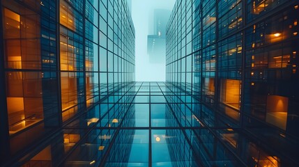 Poster - Reflection of Towering Skyscrapers in a Sleek Glass Facade Abstract Urban View