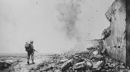 Wall Mural - Realistic Black Ink Sketch of Soldiers on a War Torn Battlefield with Smoke