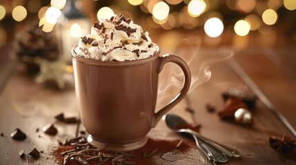 Poster - Create an image of a steaming mug of hot chocolate topped with whipped cream and chocolate shavings, perfect for a cozy night in.