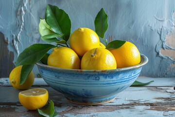 Sticker - Vibrant yellow lemons with leaves in a hand-painted bowl, on weathered wooden surface