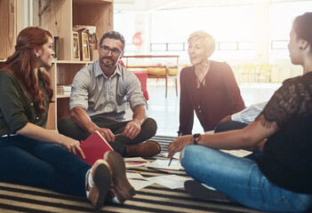 Poster - Group, circle or business people sitting on floor for collaboration, documents and notes for ideas. Teamwork, huddle or meeting with manager for company plan, discussion for strategy in office