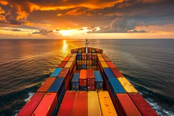 A large ship with many containers on it is sailing on the ocean. The sky is orange and the sun is setting