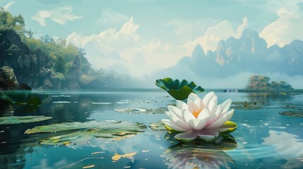 Wall Mural - Lovely waterlily flower against a scenic background
