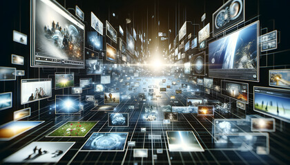 Poster - a digital network of interconnected screens displaying various images and videos. The scene is set in a futuristic, dark background with a sense of depth and motion, with screens floating in space.