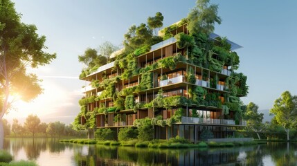 Sticker - Create an image of a sustainable building covered in greenery and solar panels, emphasizing eco-friendly and innovative architectural design.