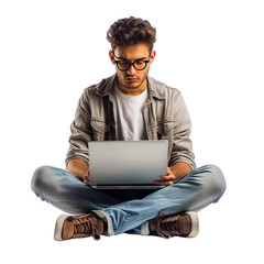 Wall Mural - A young man sitting cross-legged with a laptop, focused and immersed in his work, isolated on a transparent background