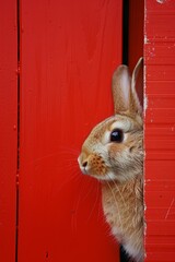 Canvas Print - a cute Easter bunny hiding behind a red door, showing only its head, furry , minimalist style