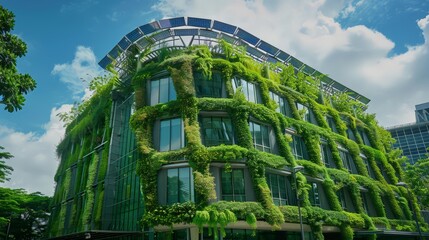 Wall Mural - Create an image of a sustainable building covered in greenery and solar panels, emphasizing eco-friendly and innovative architectural design.