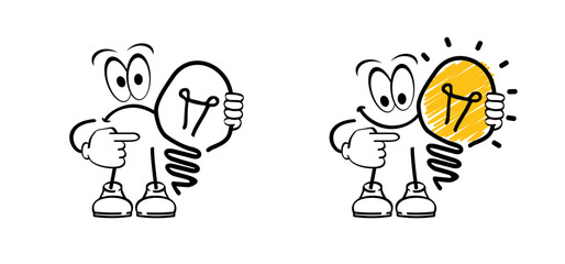 Poster - Cartoon think lamp with brain. Happy mascot stickman and light bulb or chaos icon. Comic stick figures and energetic man. Vector bulb and idea. Thinking or brainstorming ideas brain. Low energy.