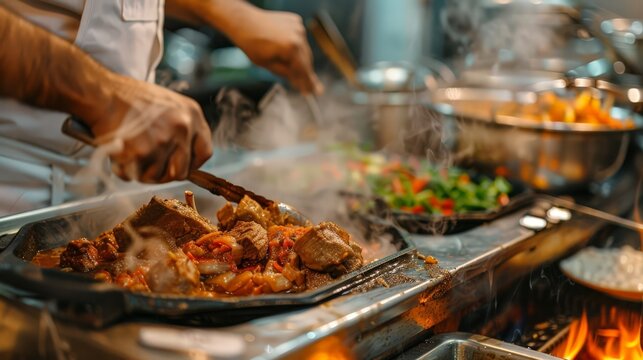 Create an image of a traditional Eid lamb dish being prepared in a kitchen, highlighting the culinary traditions of the festival.