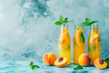 Wall Mural - Three bottles of peach juice with mint leaves and peaches on a blue table