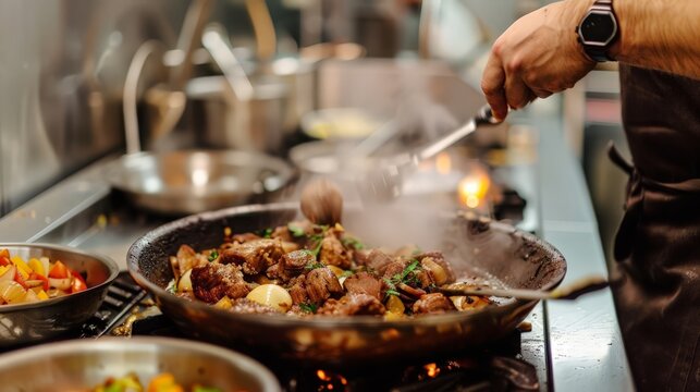 Create an image of a traditional Eid lamb dish being prepared in a kitchen, highlighting the culinary traditions of the festival.