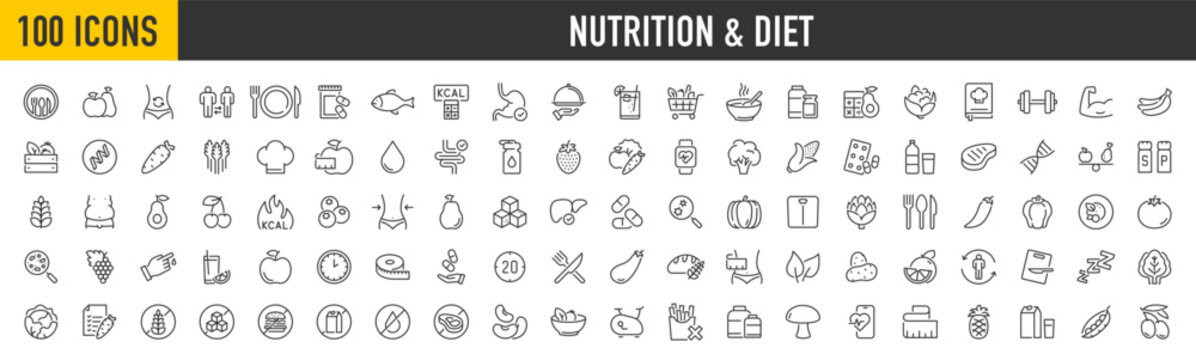 Set of 100 Nutrition web icon set in line style. Treatment, healthy food, health, diet, obesity, palm oil free, collection. Vector illustration.