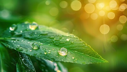 Wall Mural - Morning dew drops in nature, beautiful drops of clean transparent water on leaves with sun glare, green tones image, spring summer natural background, nature macro photography, dew drops on green leav