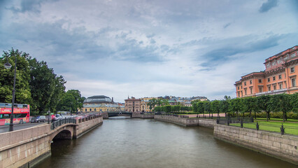 Wall Mural - View of the Embankment of the river Moyka and Mikhailovsky Castle timelapse hyperlapse. Saint Petersburg. Russia.