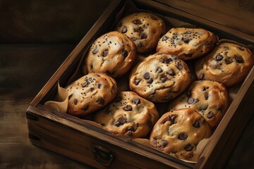 Wall Mural - Delicious homemade chocolate chip cookies elegantly presented in a rustic wooden box