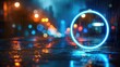 © NickArt - Neon blue lightning circle on dark blurred urban background AI generative showcase display advertising campaign