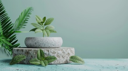 Wall Mural - Stone podium with mint leaves for showcasing products