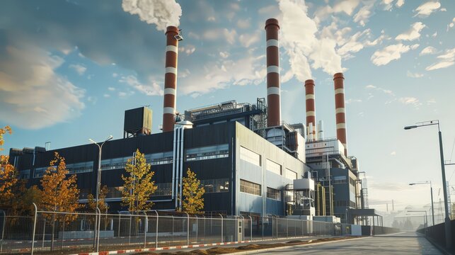 Create an image of an industrial building with large chimneys and functional design, emphasizing the architecture of manufacturing.