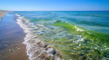 Wall Mural - a sunny day at the beach reveals a majestic display of green and blue shades in the ocean. a feast f