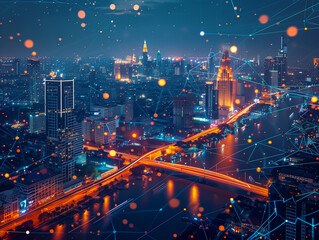 Poster - Wireless network and Connection technology concept with Abstract Bangkok city background 
