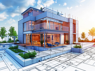 Architecture design: blueprint plan - illustration of a plan modern residential building / technology, industry, business concept illustration: real estate, building, construction, architecture 