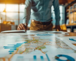 Poster - Business Leader in Strategic Meeting Reviewing Maps and Graphs for Planning and Visionary Concept