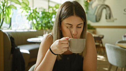 Canvas Print - A young adult woman enjoys coffee at a cafe, her relaxed demeanor and stylish attire suggesting an urban setting.